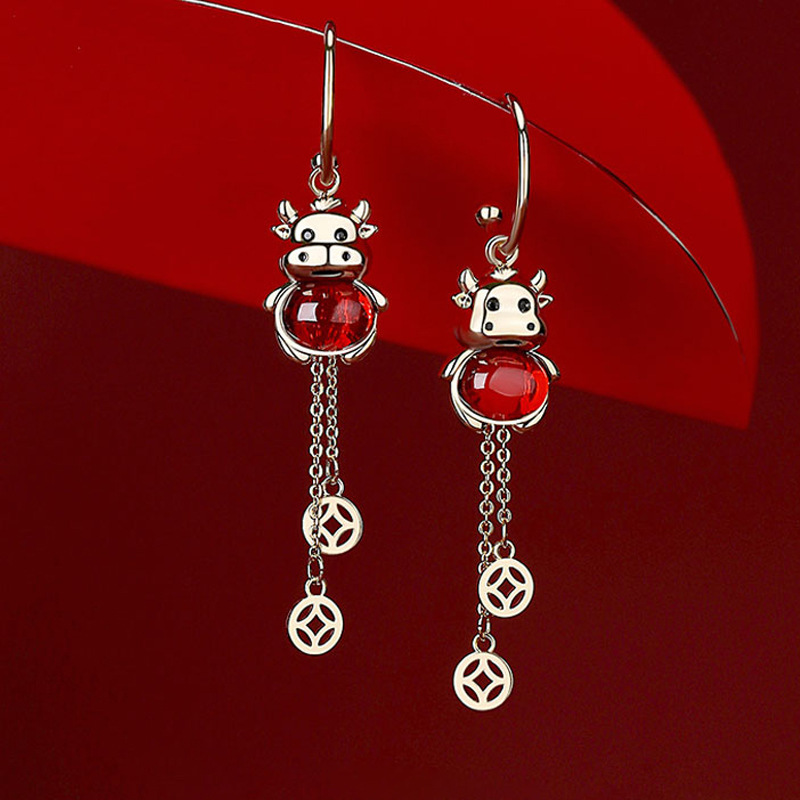 Новинка, серебряные серьги S925 с иглами зодиака, серьги Hongyun Ox, серьги с монетами благоприятного Нового года, длинные женские серьги