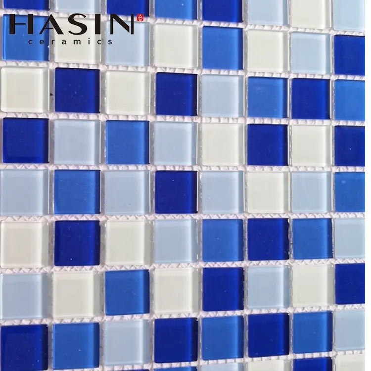 Glass Mosaic Hasin Hot Sale Clear Crystal Square Project Blend Blue Glass Mosaic For Swimming Pool Mosaic