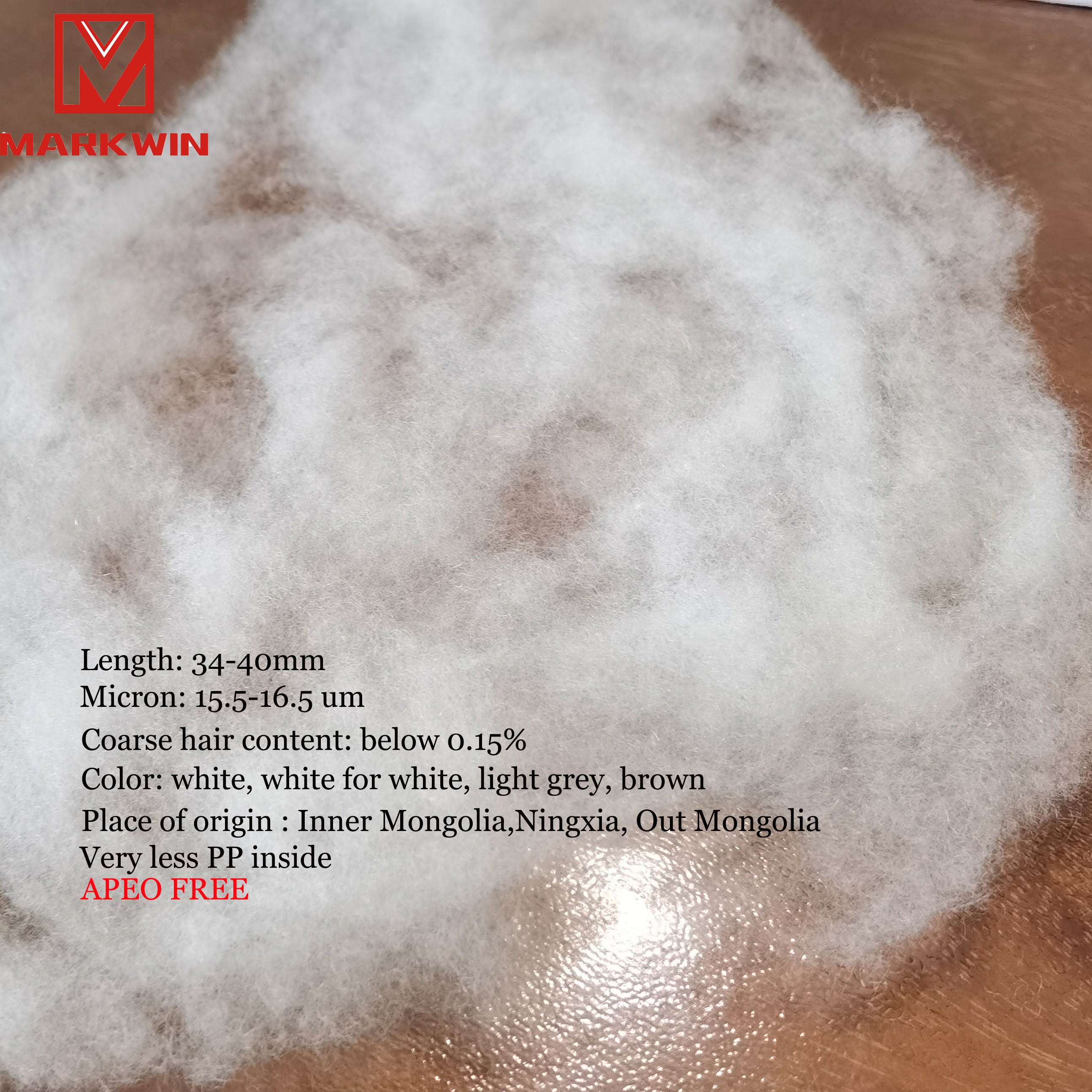 Markwin manufacturer 100% dehaired cashmere fiber Alxa League goat fiber High Quality SFA 30-34mm 16.0-16.5mic free sample