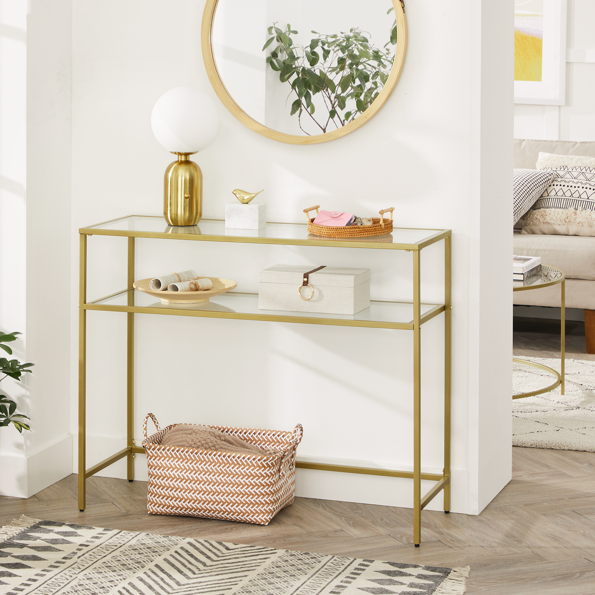 VASAGLE Home furniture factory modern luxury stainless steel table glass top 2 shelves console table with golden legs