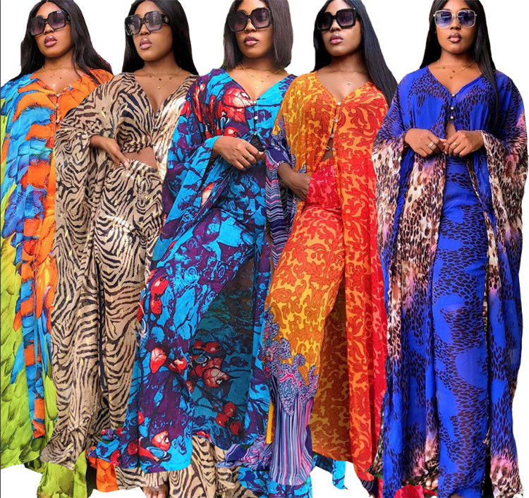 GH-8815 Two-Piece Suit Chiffon Cardigan Loose Trousers Digital Print African Clothing Set For Women