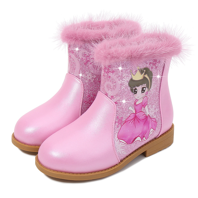 Cartoon little girl winter flash Martin boots frozen Princess Elsa hairy short snow boots