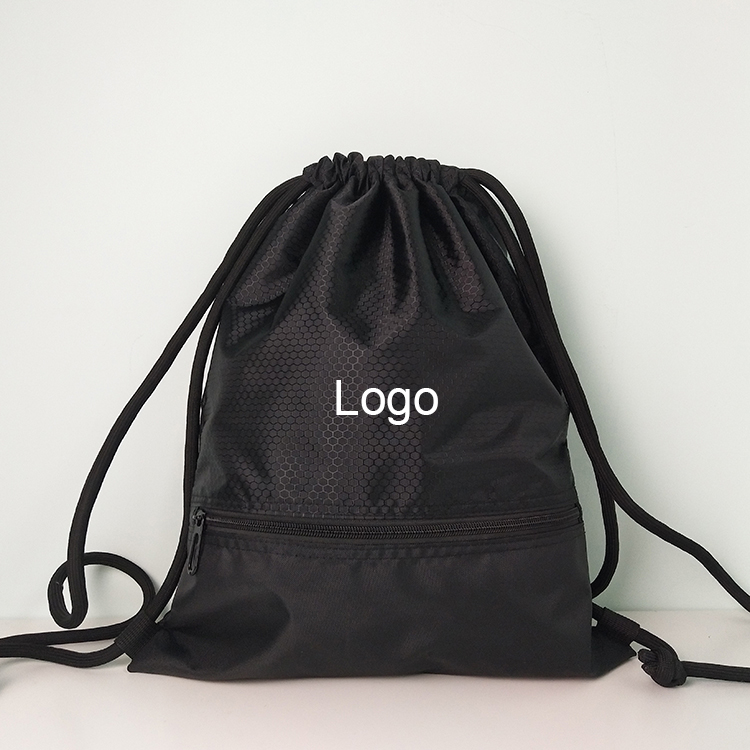 High Quality 420D Polyester Drawstring Backpack Black Waterproof Custom Logo Fitness Gym Drawstring Sports Bags with Pocket