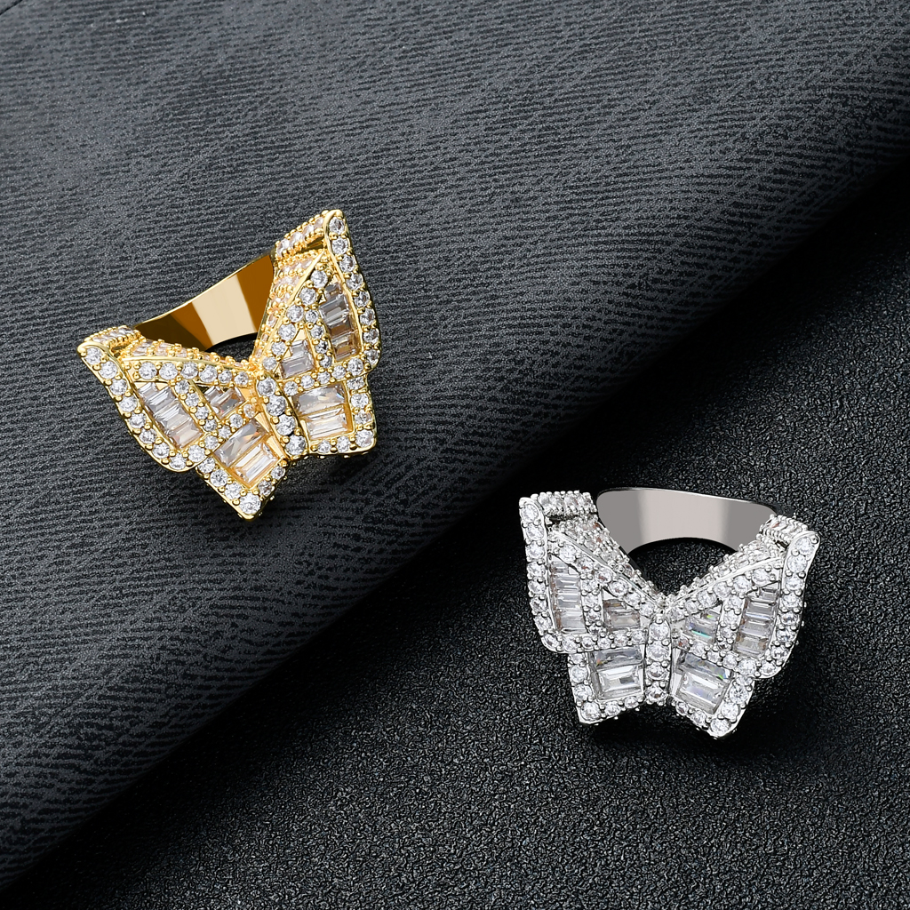 New 3A Cubic Zirconia Stone butterfly ring Hip-hop bling-bling exaggerated men's gold diamond finger ring