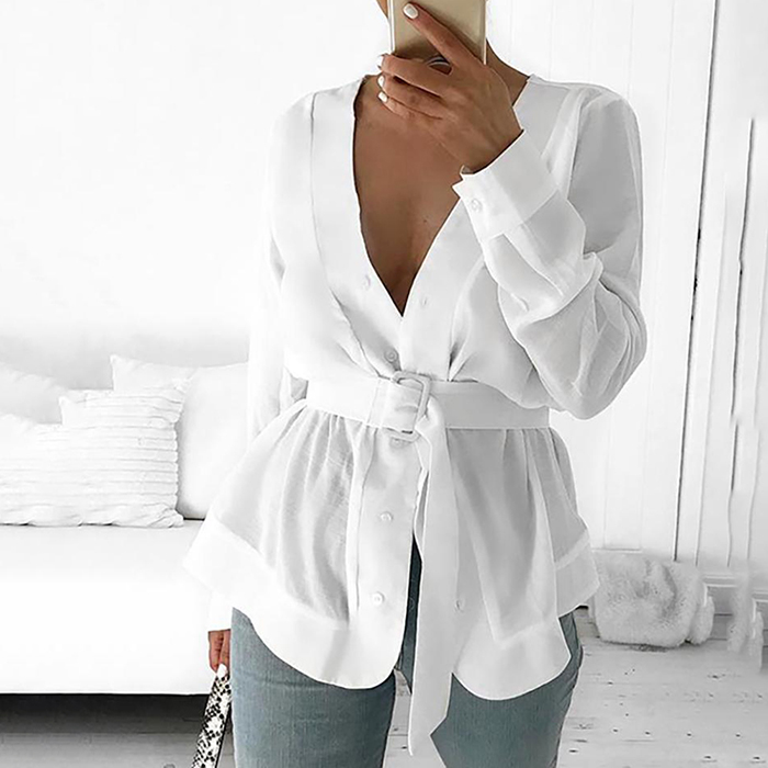 WONDER BEAUTY Повседневный Топ OL Рабочая одежда Mujer Blusas белые рубашки женские с поясом туника рубашка блузка с длинным рукавом баска
