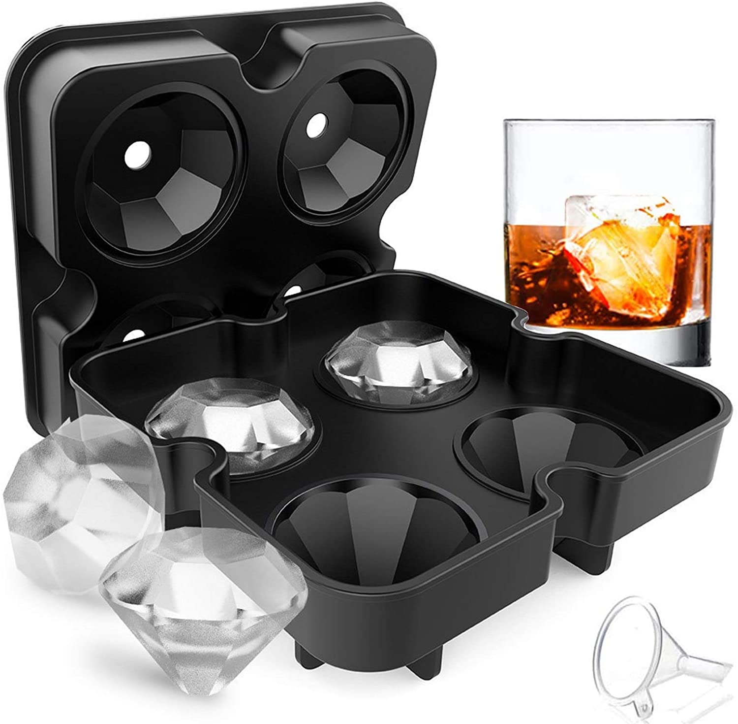 Reusable and BPA Free Diamond Silicone Ice Cube Mold 4 Cavity Large Sphere Mold Whiskey Ice Cube Tray with Lids