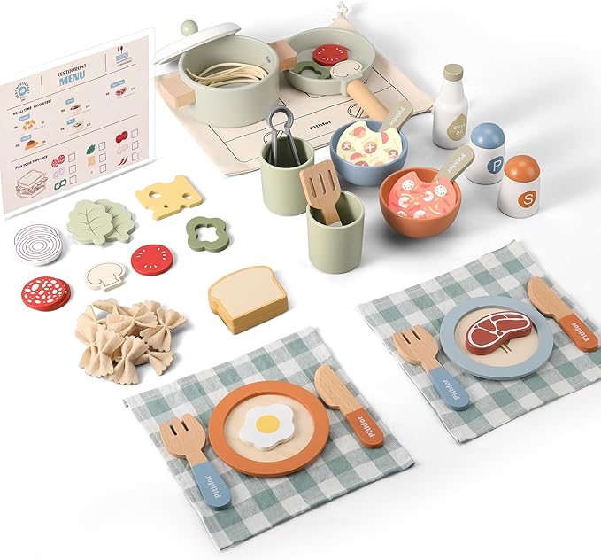 Wooden Play Cooking Set Pretend Play Kitchen Accessories Toys Set For Kids Toddlers, Including Play Dishes Pot And Pan, Utensils