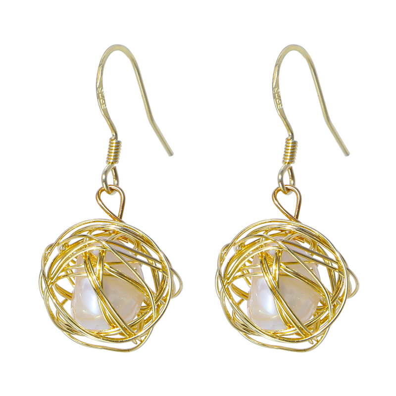 2021 fashion jewelry 14K gold plated bird's nest design high luster near round pearl earring hook