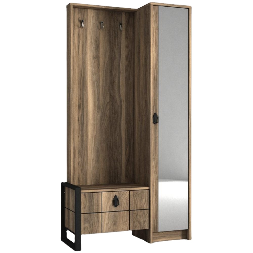 2021 Good Quality Antique Walnut Wooden Coat Clothes Hanger Rack Stand with Mirror For Entryway Door