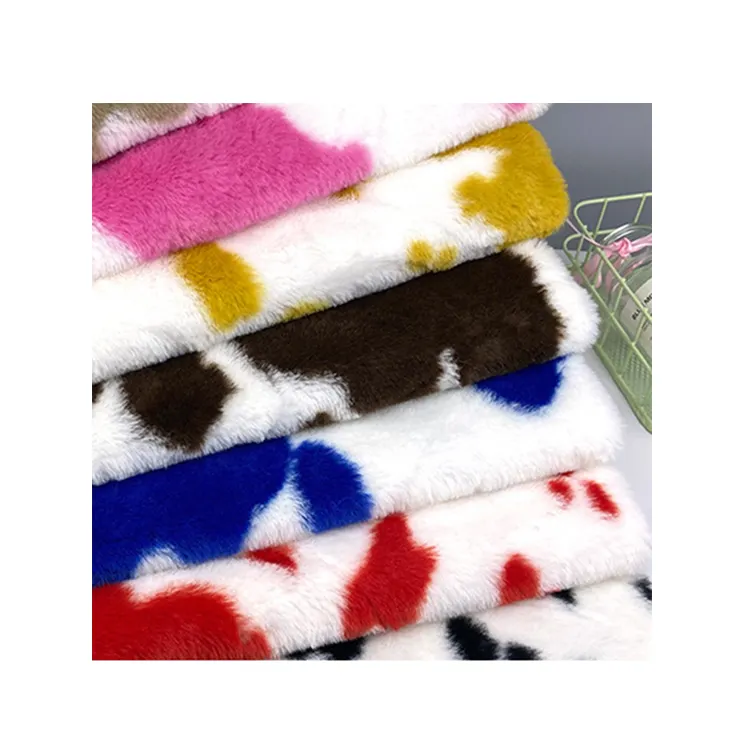 KINGCASON Customized Color Cow Printing Polyester Knitted Fake Rabbit Faux Fur Fabric For Children's Wear / Toys