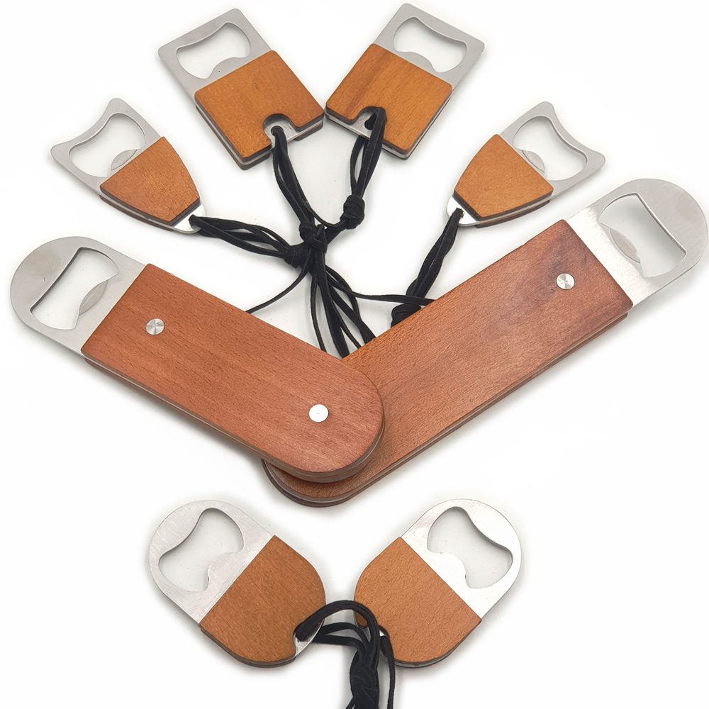 Creative design solid wood handle stainless steel promotional gift custom logo wood beer bottle opener