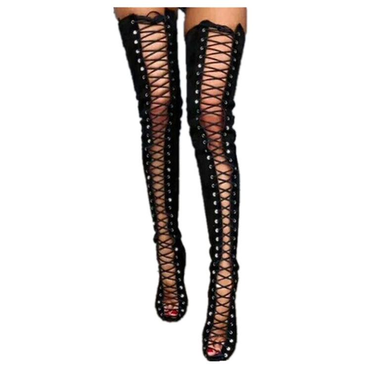 Over The Knee Long Boots Women Sexy High Heel Lace Up Peep Toe Ladies Shoes Black Cross Strappy Punk Thigh High Boots