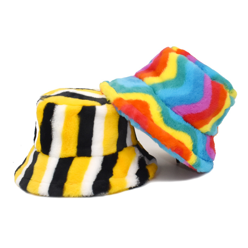 Plush Velvet Warm Colorful Tie Dye Bucket Autumn Winter Panama Hat Fisherman Hats Fur Bucket Hats For Women