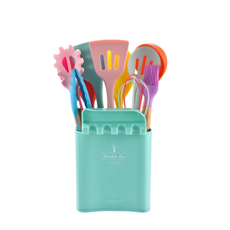 Stocked 12 Pcs Non-Stick Cooking Set Silicone Kitchenware With Wooden Handle Storage Bucket