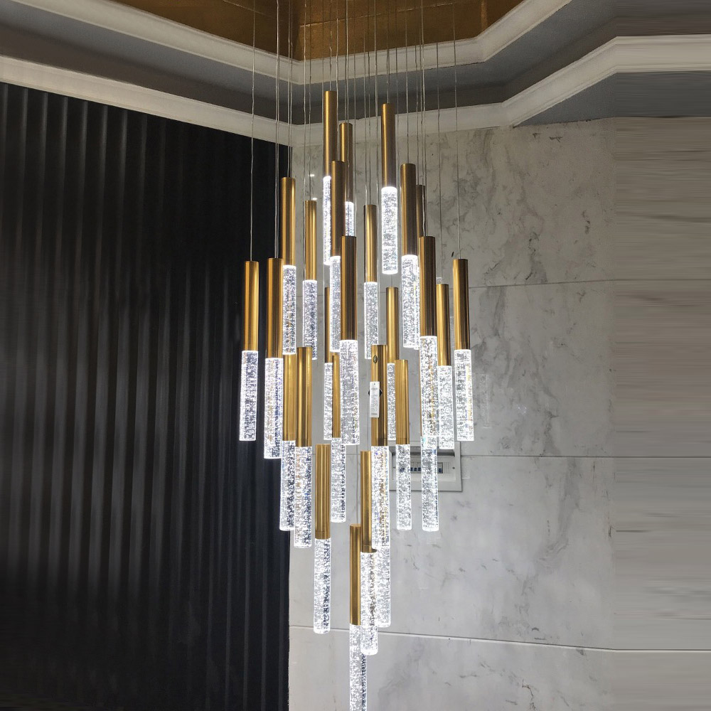 Modern contemporary villa long stairwell led hanging spiral gold pendant cristal lighting chandelier