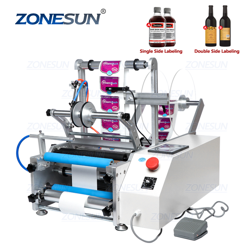 ZONESUN TB-190 винная двухсторонняя наклейка круглая вода полуавтоматическая цифровая машина для маркировки бутылок для пластиковых бутылок