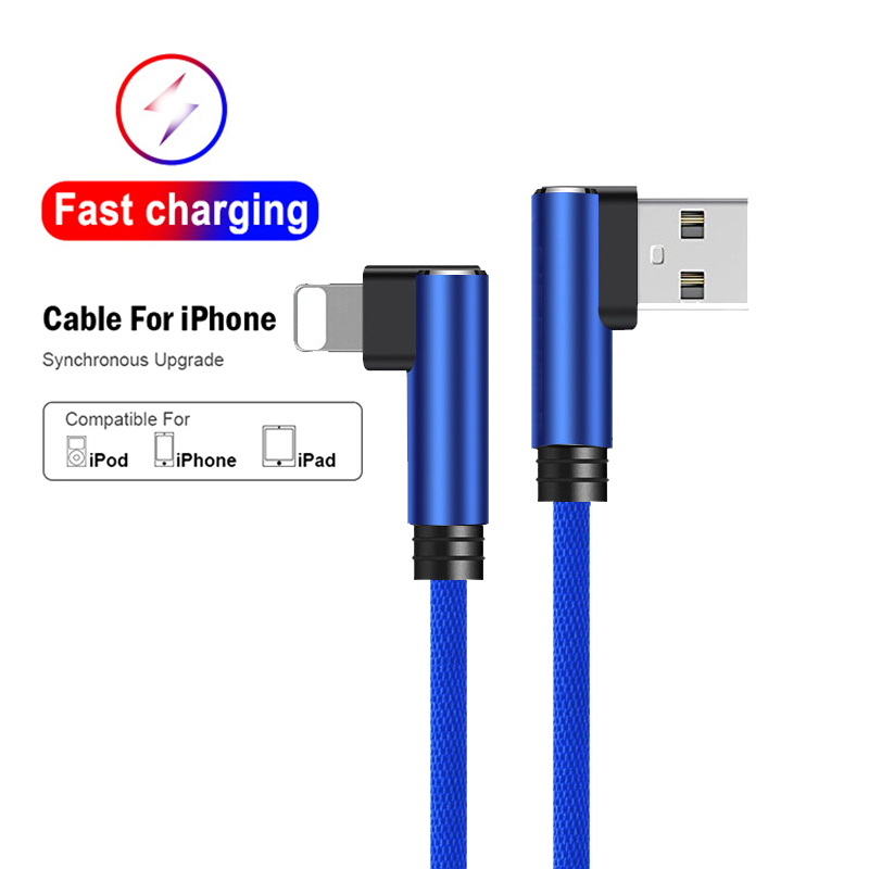 USB-кабель для быстрой зарядки iPhone 11 Pro Max XS Max XR X 8 7 6 5 iPad, текстильный плетеный кабель для передачи данных, скорость 90 градусов, 2,1 А