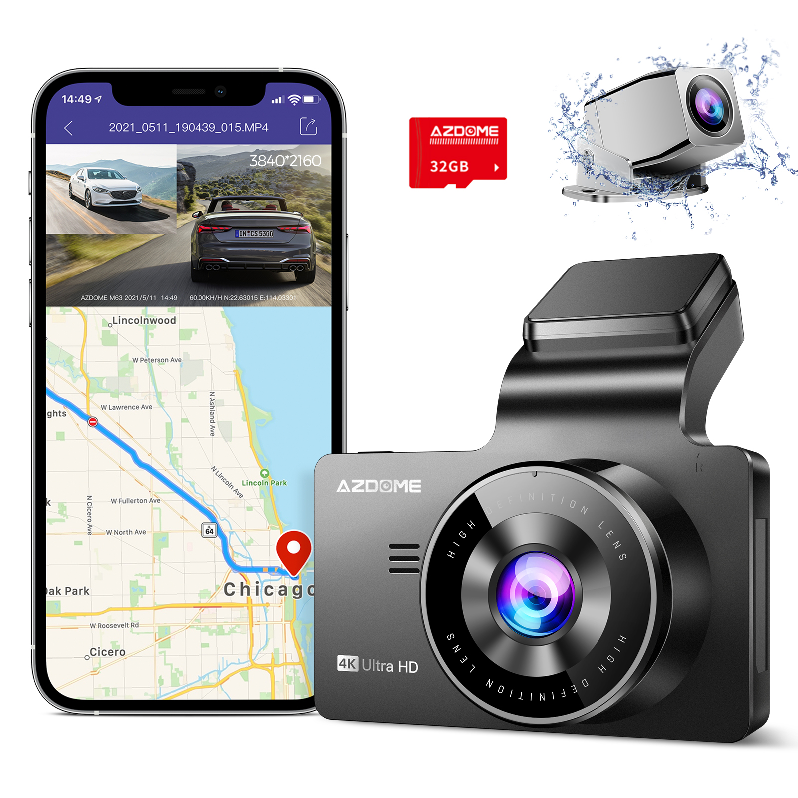 AZDOME M63 4K dash cam Поддержка GPS WiFi с задней камерой 1080P