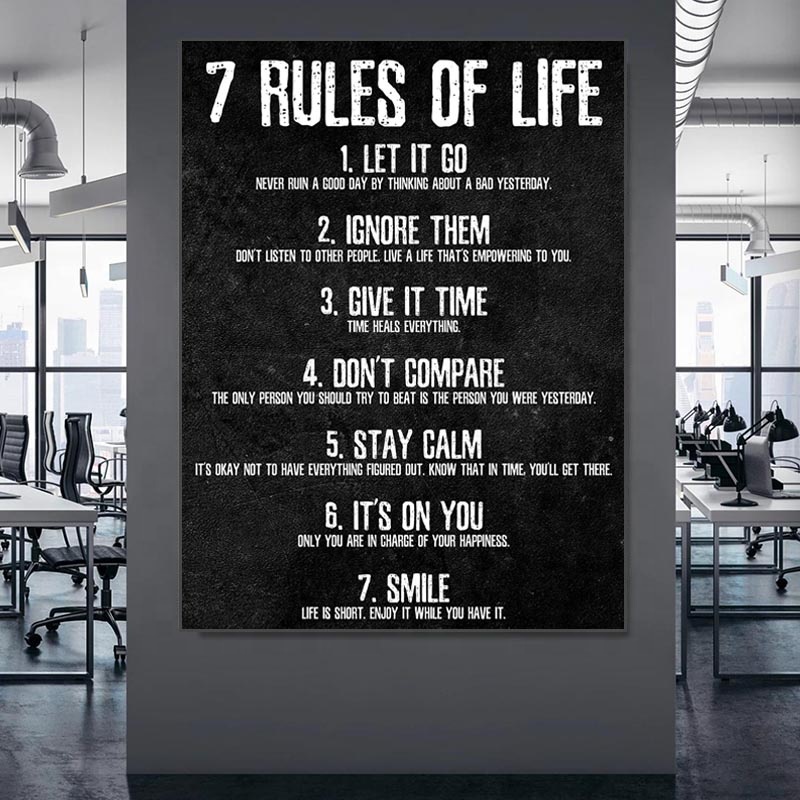 7 Rules of Life Abstract Motivational Posters Prints on Wall Canvas Painting Black and White Wall Art Picture Living Room Decor