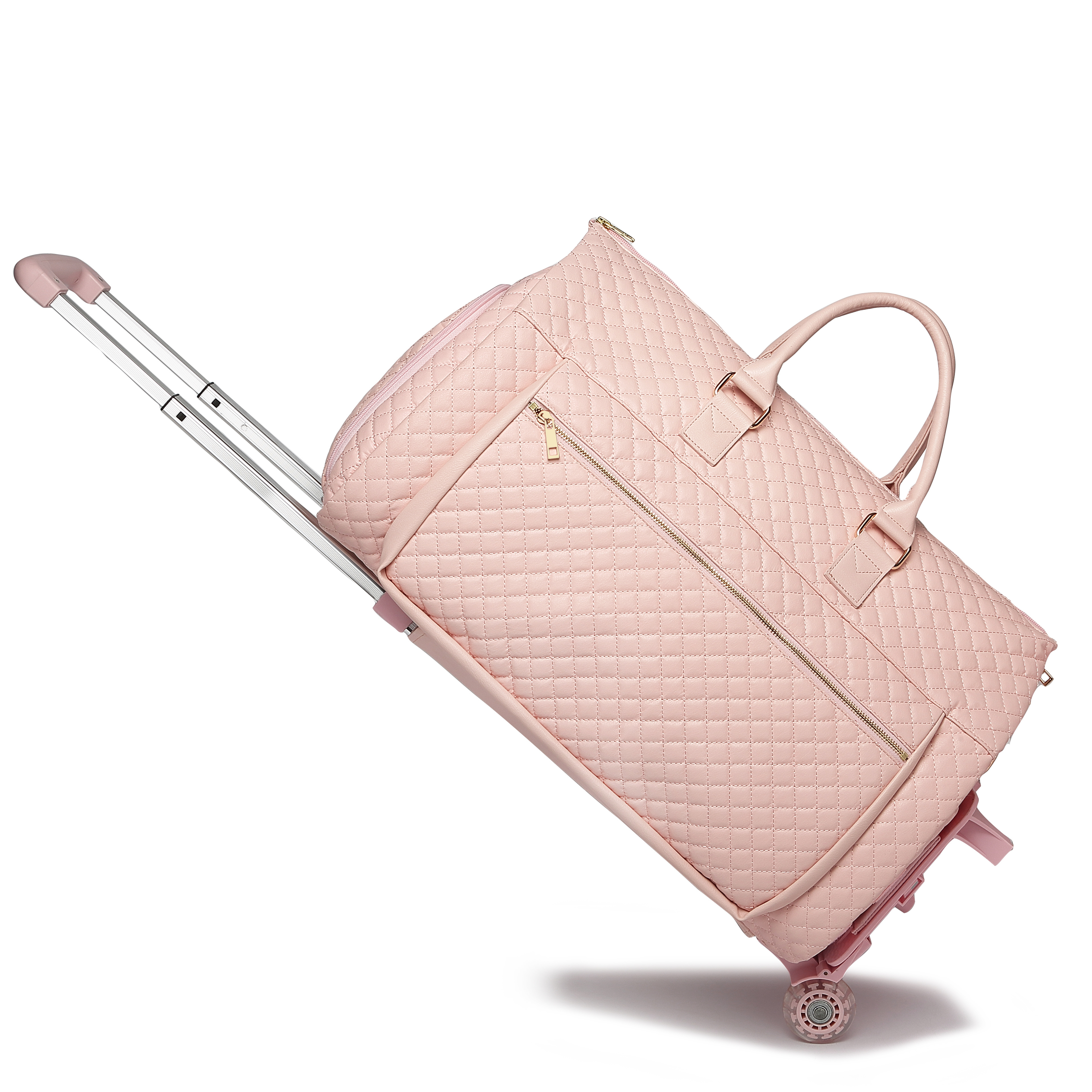 Garment Bags for Travel Pink checkered pattern suit travel bag with wheels PU leather Luggage- Rolling Garment Bag(pink)
