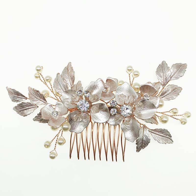 SHSS2071Rose gold 4 листья цветы свадебные аксессуары для волос жемчужные невесты гребни для волос