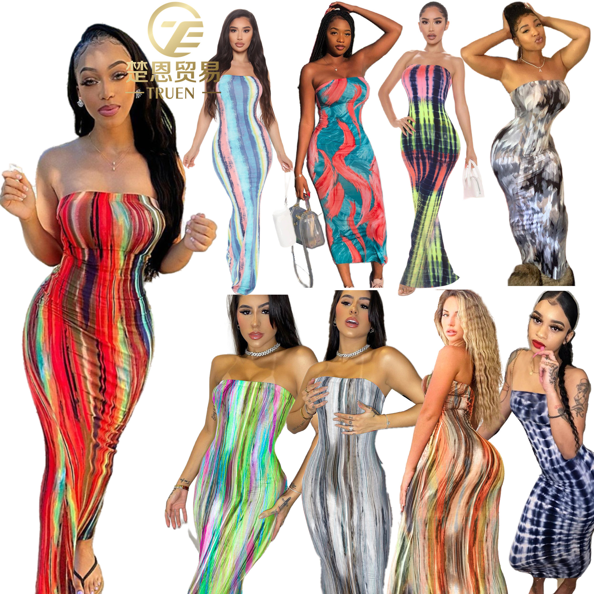 High Quality sexy sundresses women summer 2022 fashion Contrast Color wrap off shoulder strapless bodycon maxi tube top dresses