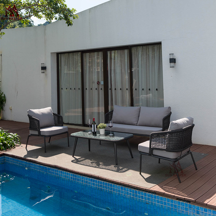2020 Outdoor Indoor Garden Furniture Luxury European Rattan Wicker Aluminum Patio 4 Seat Sectional Sofa Sets With Dry Cushion