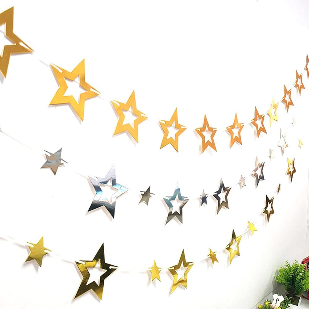 Party Decorations Kit-Gold Star and Silver Star Garland Metallic Glitter Hanging Star Kids Room Birthday Wedding Graduation