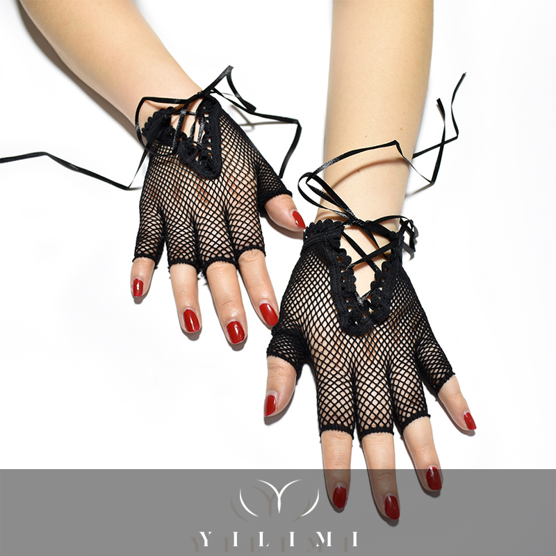 Woman's Lace Half Finger Sunscreen Gloves black Mesh Punk Rock Short Wrist Gloves