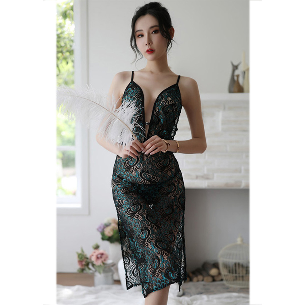 MULHERELFO Erotic lingerie sexy deep V elegant lace slit open back long dress