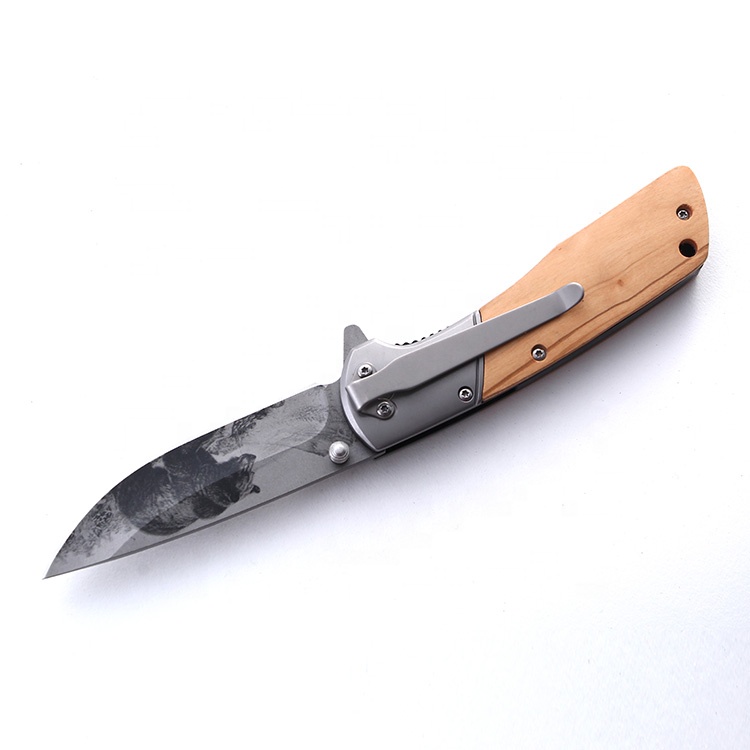 Olive wood handle with bear 3D printing blade camping survival knife stainless steel survival camping pocket knife