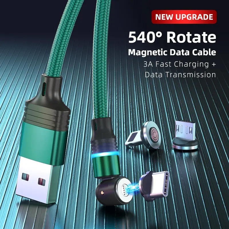 New design 540 rotation magnetic cable 3A fast charging nylon braided LED magnetic cable usb c phone charger cable