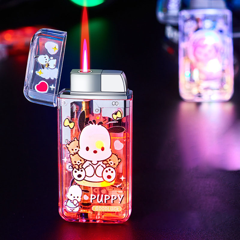 Милая мультяшная вспышка Зажигалка красное пламя Kuromi Hello Kitty Зажигалка Светодиодная лампа прозрачная ветрозащитная зажигалка
