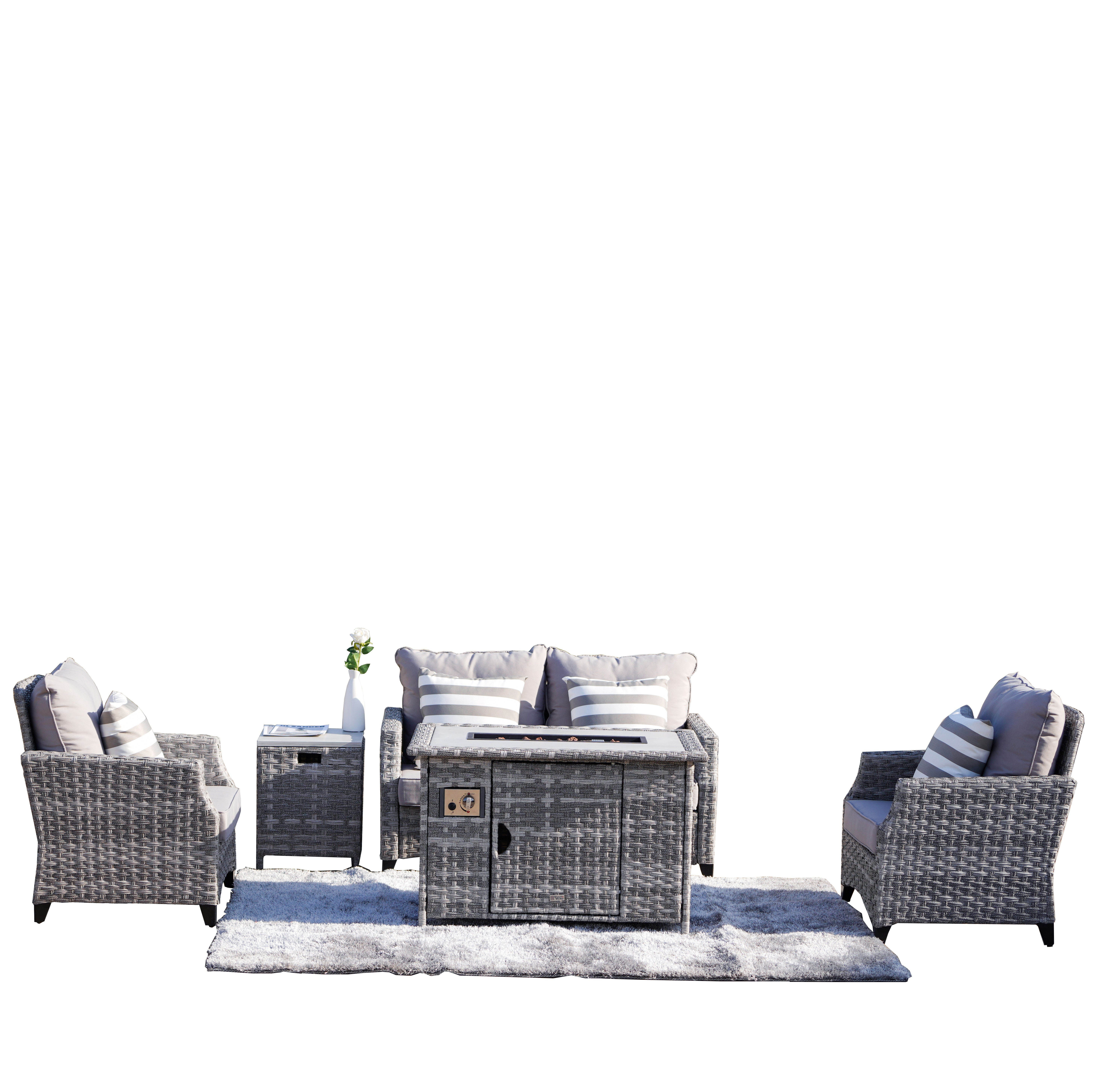 5-Piece Waterproof Garden Sofa Set PE Wicker Outdoor Sofa With Gas Fire Pit Table