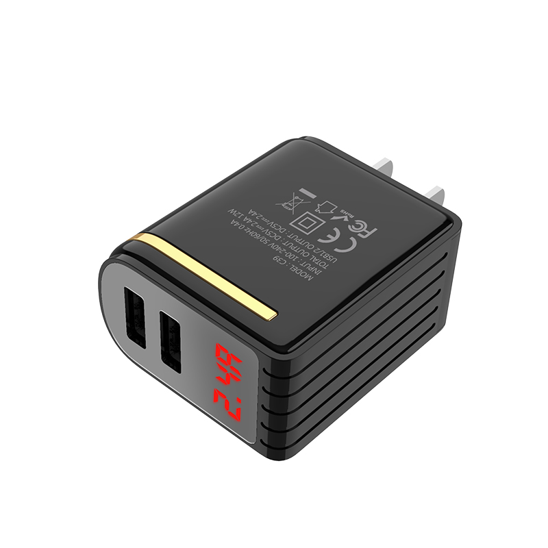 HOCO C39 очаровательное зарядное устройство с двумя USB-портами и светодиодным цифровым дисплеем, штепсельная вилка стандарта США, 2,4 А, 12 Вт, выход, защита от нескольких замыканий