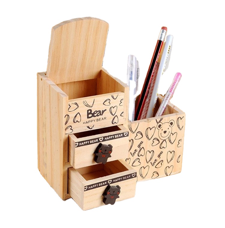 Wooden pen holder lettering multifunctional office supplies