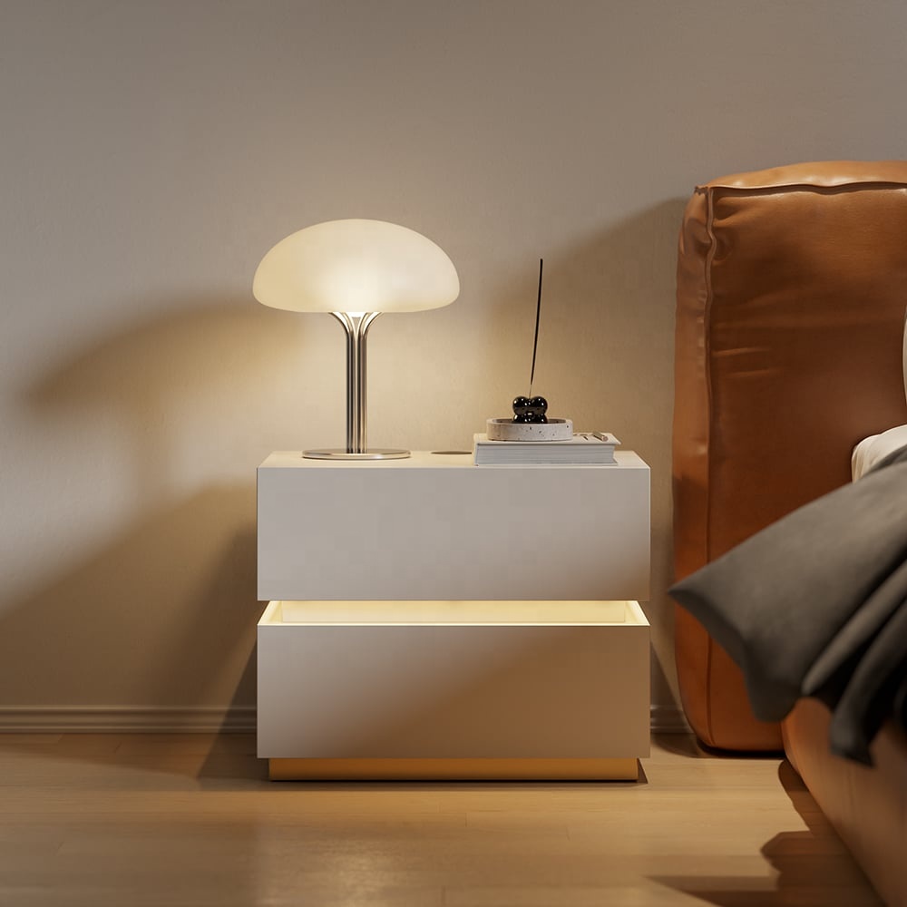 Customized Luxury Minimalist Style Modern Wood Wireless Charging Bedside Table Nightstand with Drawer Storage