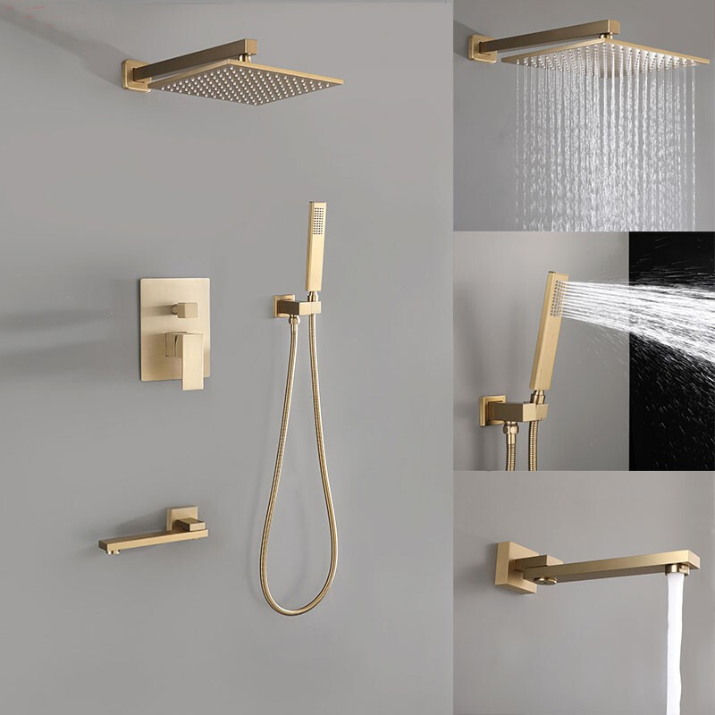Luxury CUPC Fashion Brass Concealed Shower Waterfall Rain Bathroom 180 rotary Square Brushed Gold bath shower set