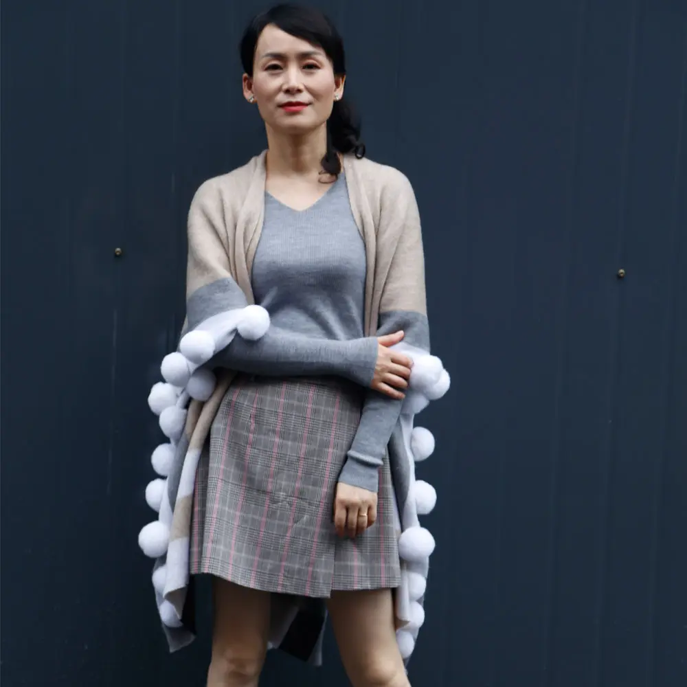 Newest design women's fashion cape soft knitted rabbit fur pom pom women cape coat