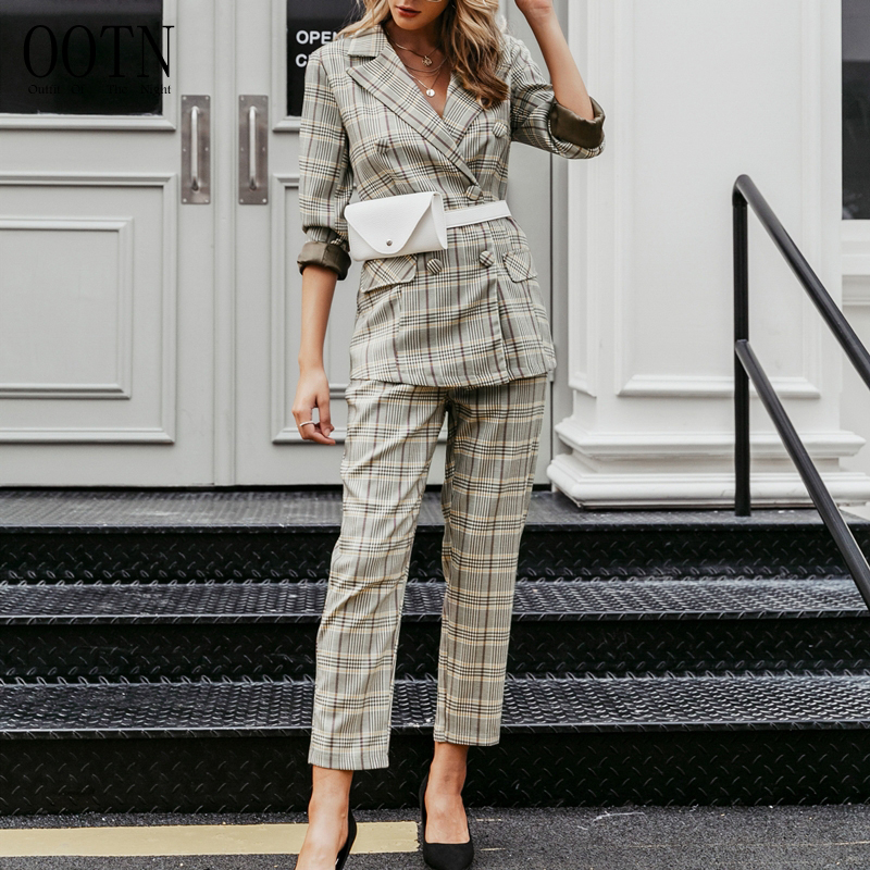 Женский Повседневный костюм с брюками OOTN, офисный костюм с длинным рукавом, клетчатый двубортный костюм с блейзером