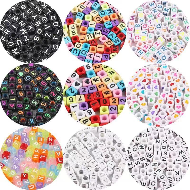 100pcs Cube Square Acrylic Alphabet Beads 6mm Colorful Plastic and Lucite Letter Beans Fashion Accessory Jewelry Loose Beads