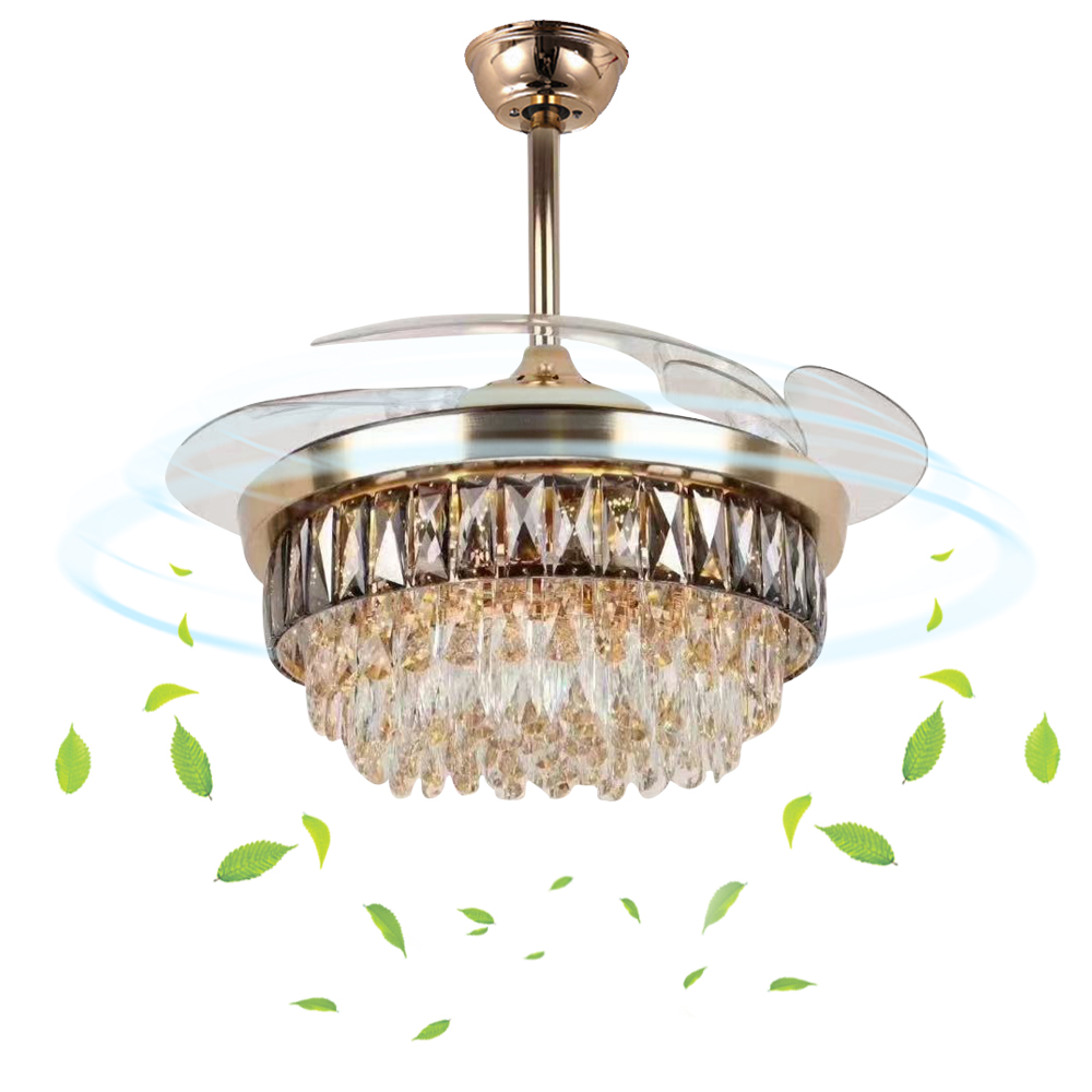 42 inches Luxury Remote Retractable Invisible Fan Crystal LED Ceiling Lights with Fans