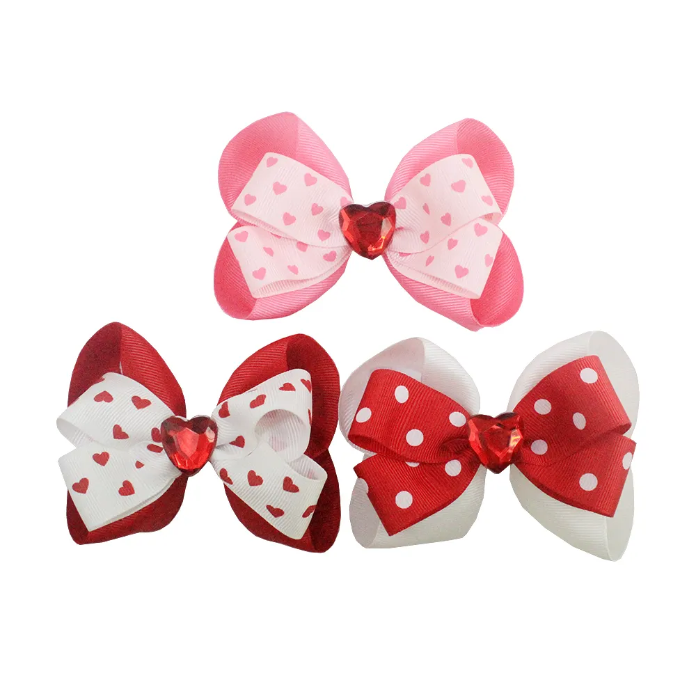2021 Newest Valentine's day hair bows with red heart shape rhinestones center for kid celebration
