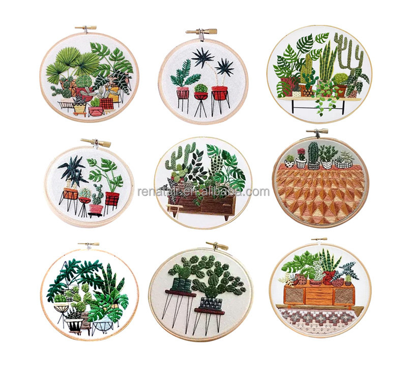Pot Plant Pattern - Stamped Embroidery Kit with Embroidery Hoop 20cm for Beginners Starters DIY Sewing Crafts