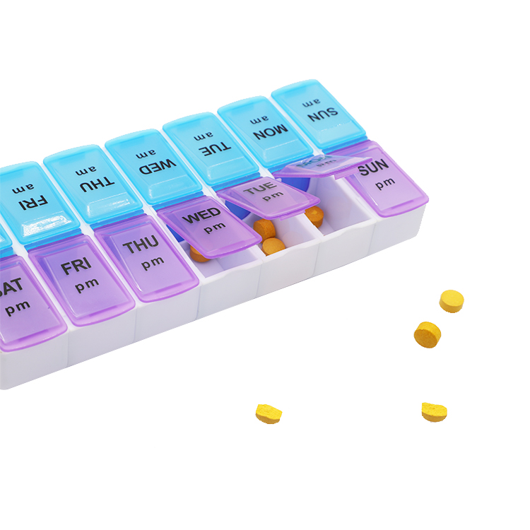 blue and purple plastic Easy Open AM PM Weekly 7 Day Pill Organizer medicine Large Daily Vitamin Storage Cases Box custom