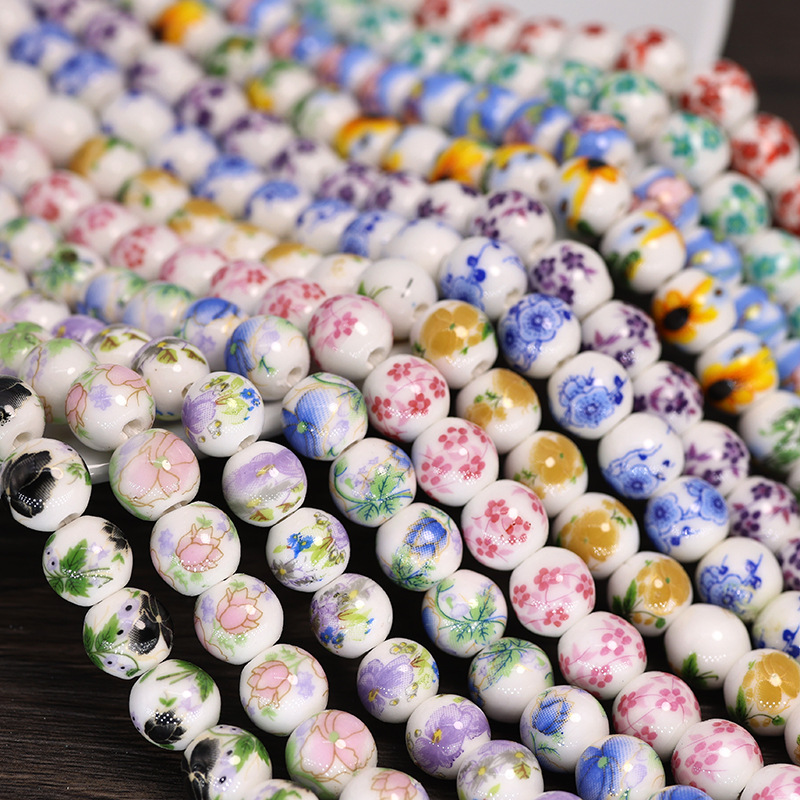Wholesale Colorful Painted Flower Ceramic Clay Glaze Porcelain Beads Charms Round Porcelain Beads Loose Beads for Jewelry Making