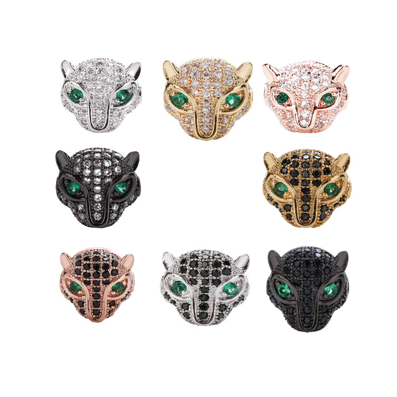 New Design Jewelry Accessories Green Eyes Leopard Head CZ Micro Pava Charm Beads For Bracelets Jewelry Making