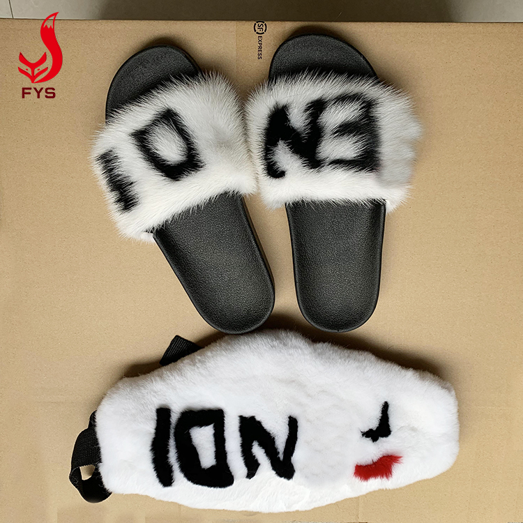 Custom brand color women kids soft fluffy fur slippers mink fur slides with logo design