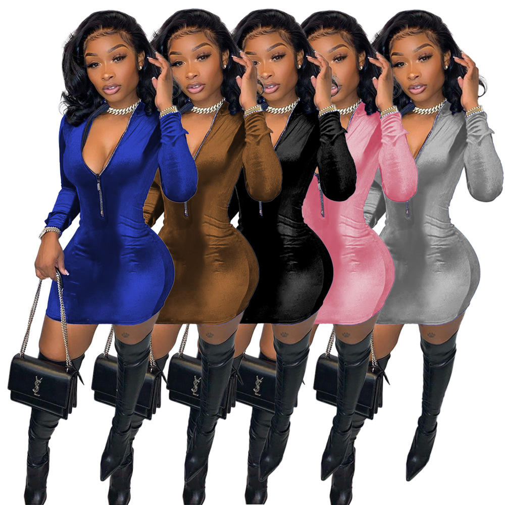 Wholesale Long Sleeve Club Wear Mini Fall Women Dresses Sexy Zip Up Tight Classy Dress Velvet Clothing