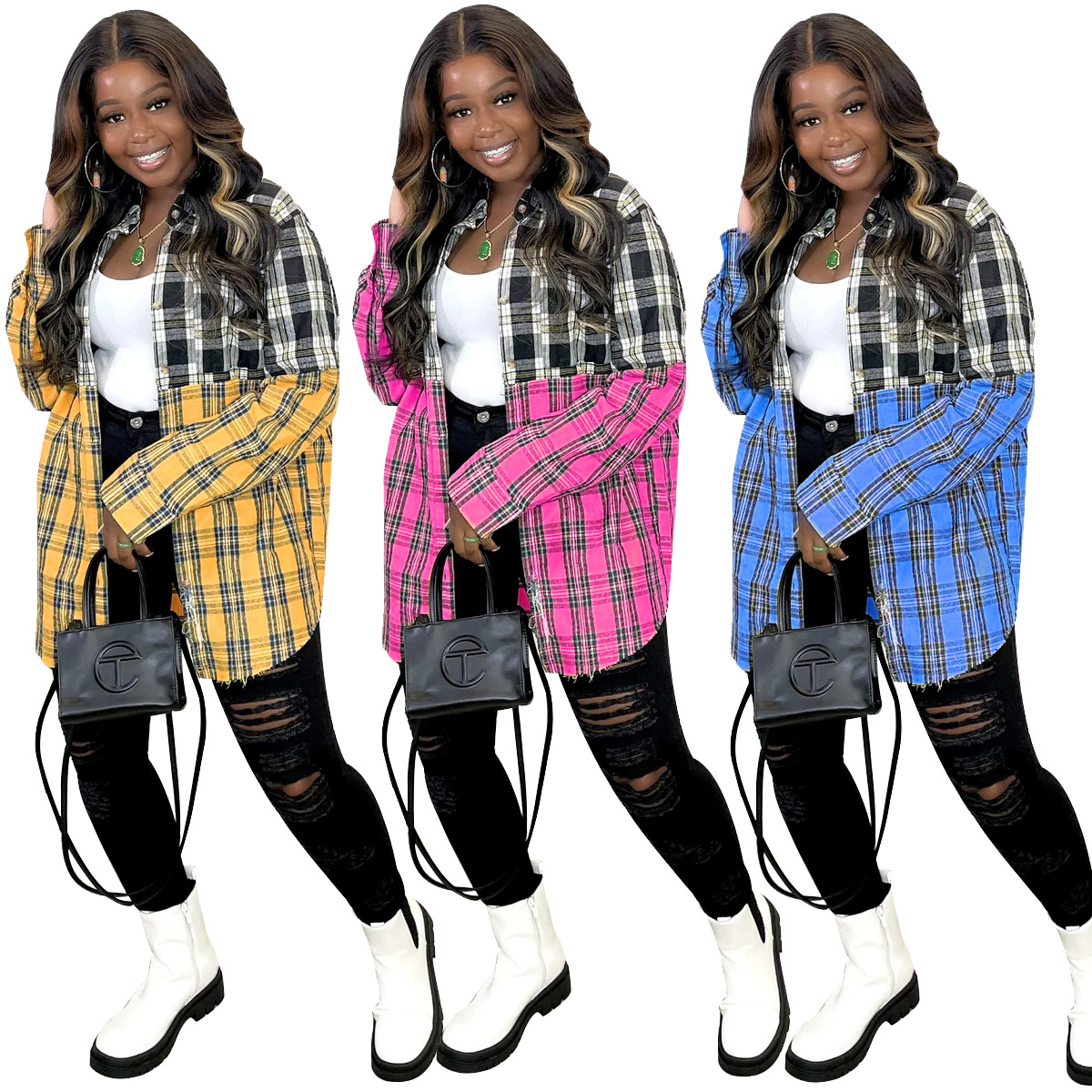Dvacaman 2021 Trendy Women Plaid Long Sleeve Shirt Dresses Blouses Ladies Outwear Cardigan Patchwork Fall Shirts for Women
